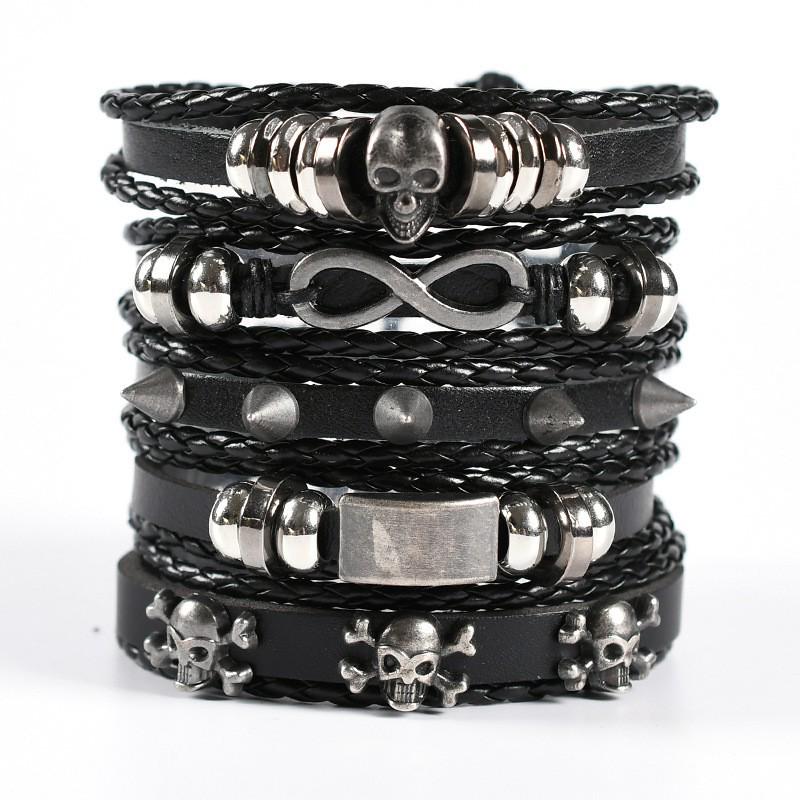 Men's Retro Skull Leather Bracelet Set: Handwoven Multi-Layer Rope with Figure 8 Design, 5 Pieces.