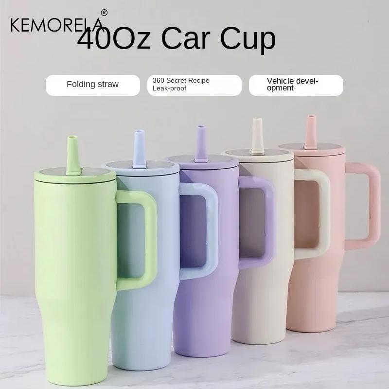  Thermos Cup 40oz Double-Layer Tumbler Ice Cup 1200ML Leak-Proof Foldable Straw Cover Direct Drinking Mouth Car Cup
