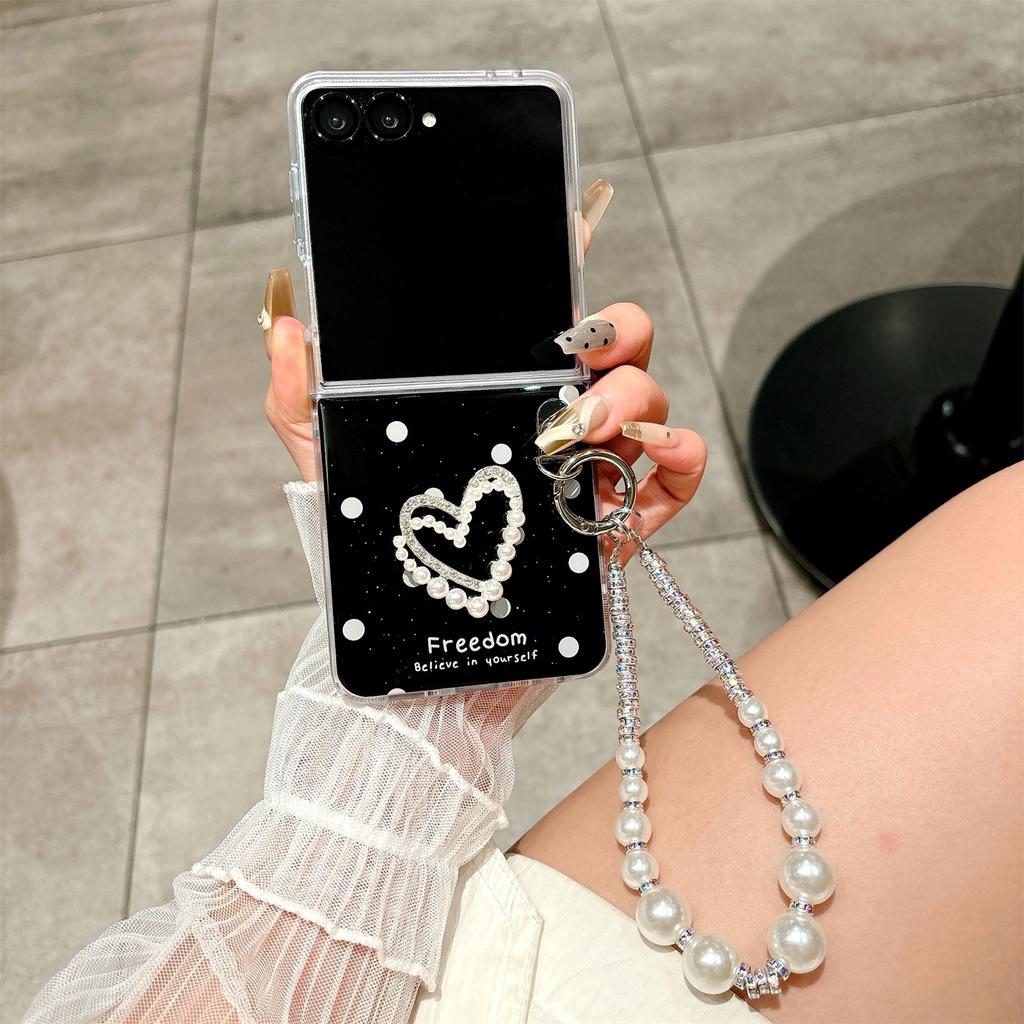 For Samsung Galaxy Z Flip7 5G Case Glitter DIY Heart Charm Phone Cover with Wrist Strap