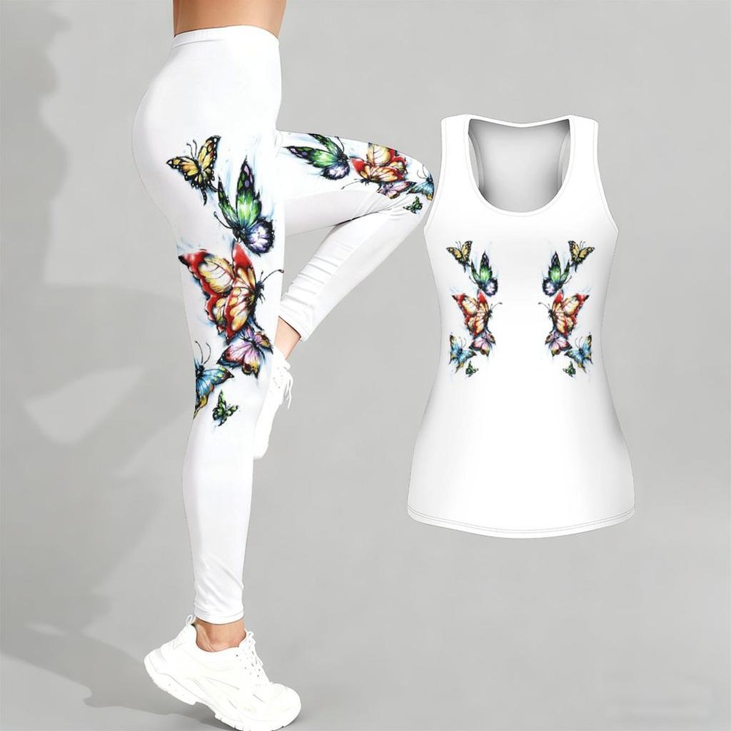 Schmetterlings-Print Yoga-Outfit für Damen Mode Trainings-Leggings Fitness Sport Lässiges Yoga-Set Sportanzug