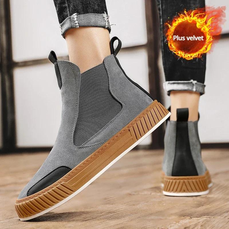 Pánské kotníkové boty z umělého semiše Teplé Pánské Chelsea boty Nazouvací Bavlněné Sněhule pro Muže Retro Ležérní Boty Botines Para Mujere