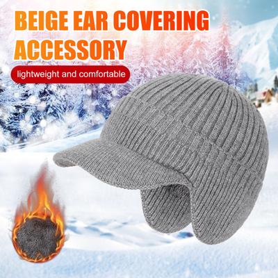 Chapeau Tricoté Homme Bord Étendu Protection Oreilles Couleur Unie Chapeau Tricoté Doublure Peluche Épaissie Chapeau Chaud Hiver