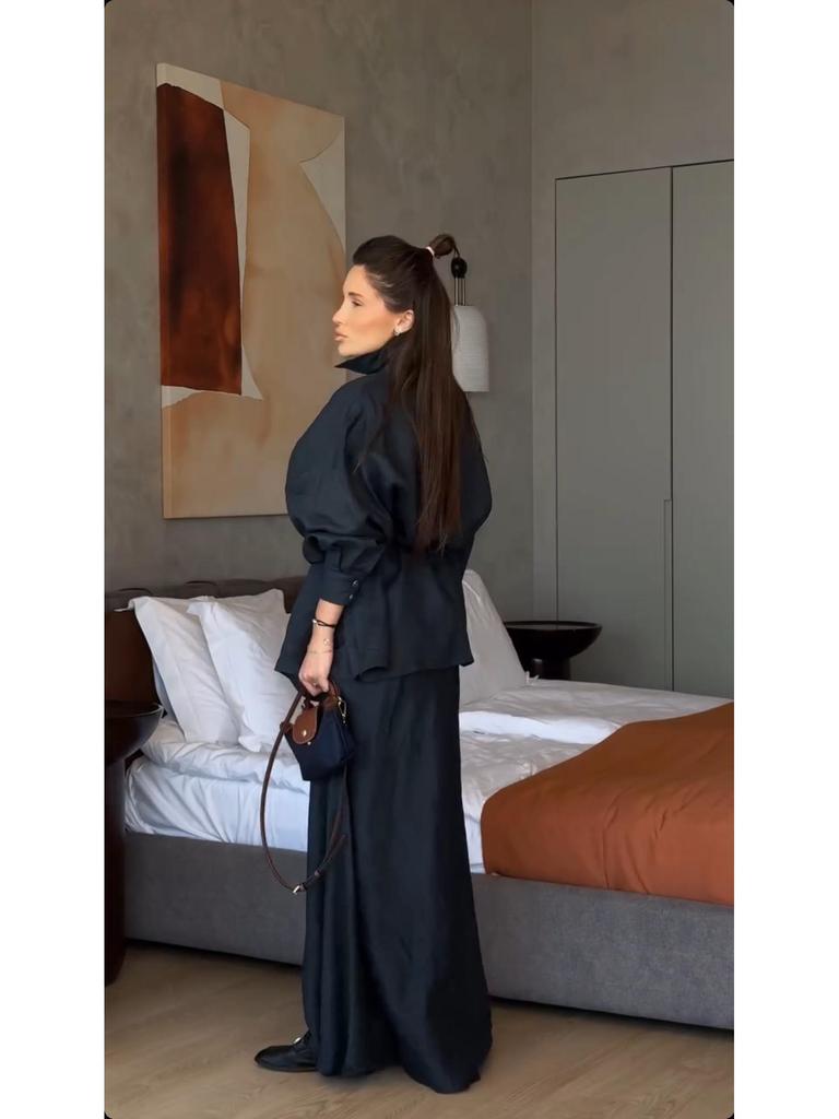 Women's Spring/Summer 2025 Fashion: Turn-Down Collar Loose Shirt & High Waist Midi Skirt Set