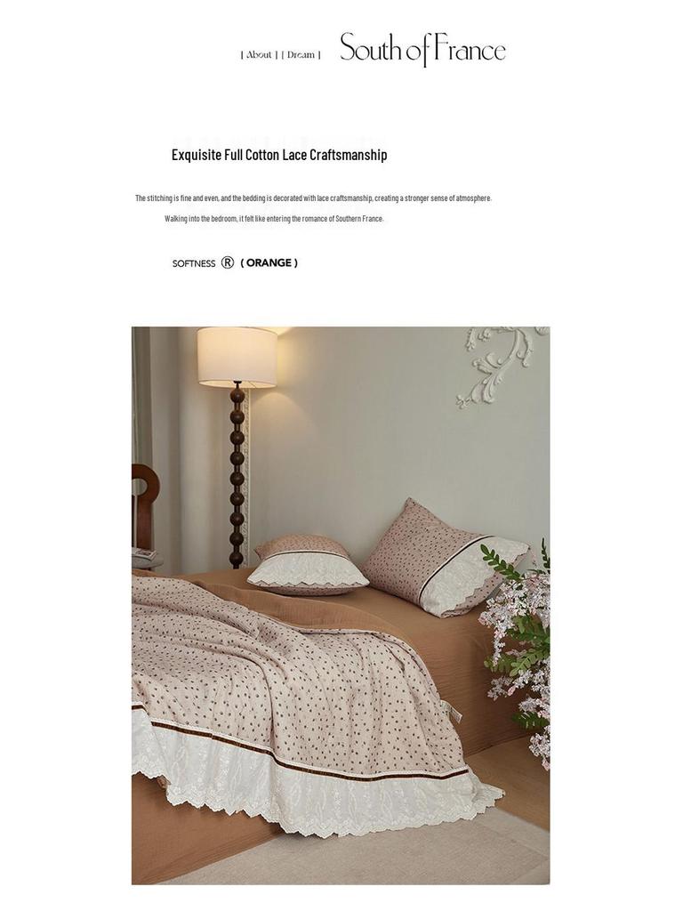Retro French Crinkled Cotton Gauze Quilt Set with Lace Trim - Machine Washable Summer Four-Piece Set