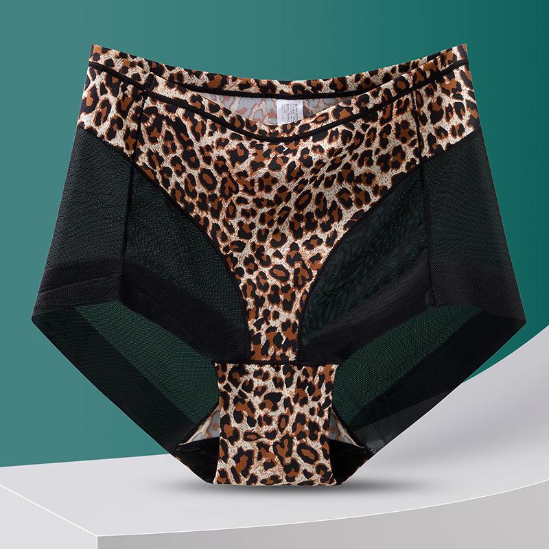 Big Size Lady Summer Sexy Lace Leopard Print Hollow Out Pure To Wrap Hip No Trace Ice Silk High Waist Triangle Briefs