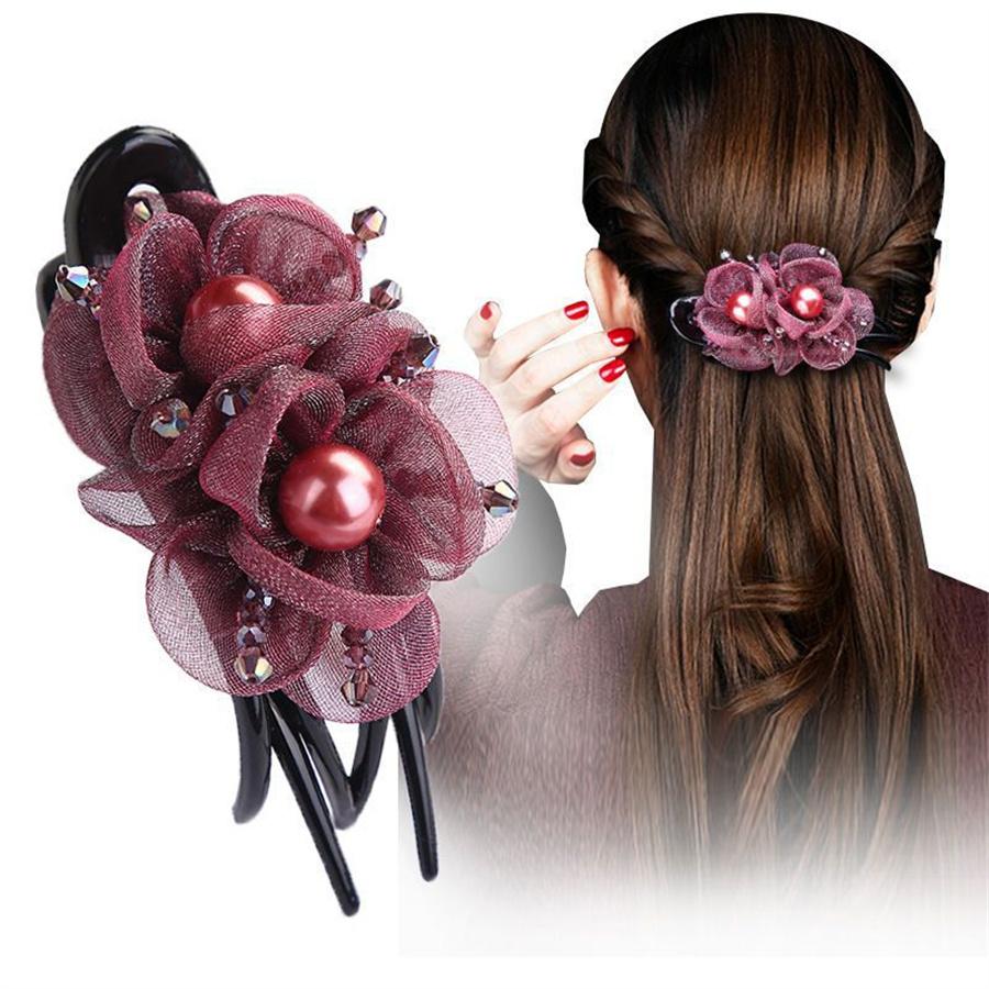New fashionable Korean silk floral duckbill clip for women retro temperament pearl back head hair clip hair accessories gift