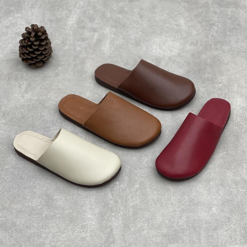 

Johnature Handmade Genuine Leather Round Toe Flat Slippers Comfortable Soft Cowhide Women s Slip-on Shoes 35 бежевий