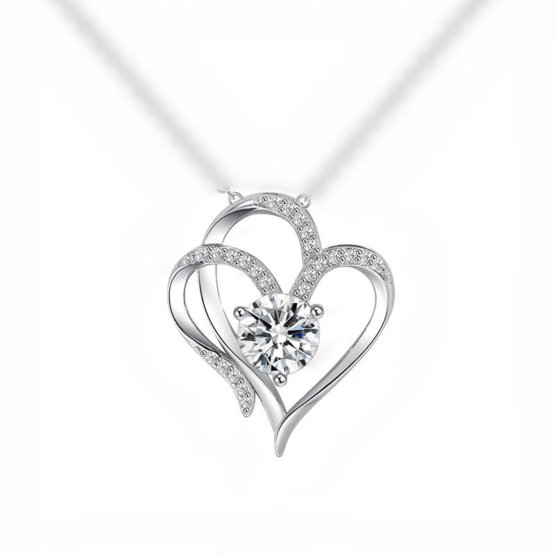 Platinum Double-Heart Pendant Necklace For Women, Heart-To-Heart, Elegant Temperament, Advanced Sense, Inlaid With Zircon Love Necklace