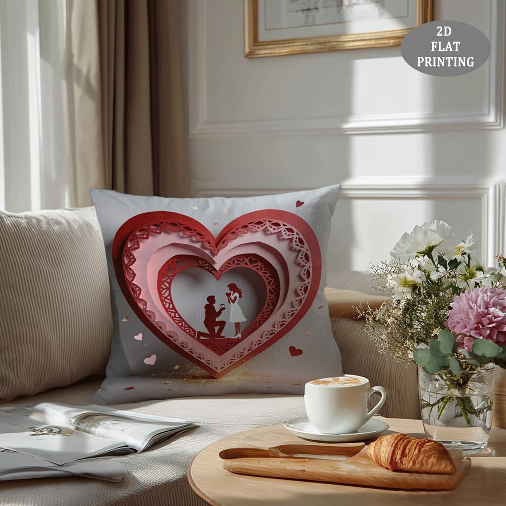1pc Red Heart-Shaped Petal Pattern Plush Throw Pillow Cover | 2D Flat Printing, Single-Sided, 18x18 inch, Suitable for Sofa and Living Room Decor