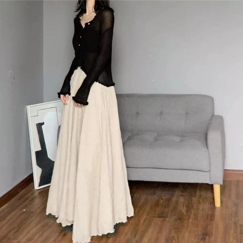 Gonna lunga in vita elastica stile bohémien con bordo in foglia di loto per donna