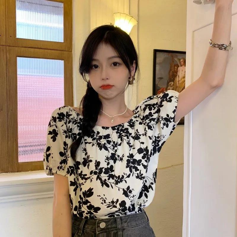 Jednodílný top s výstřihem, květinová šifonová košile, dámské tričko, volné, odhalující ramena, krátký rukáv