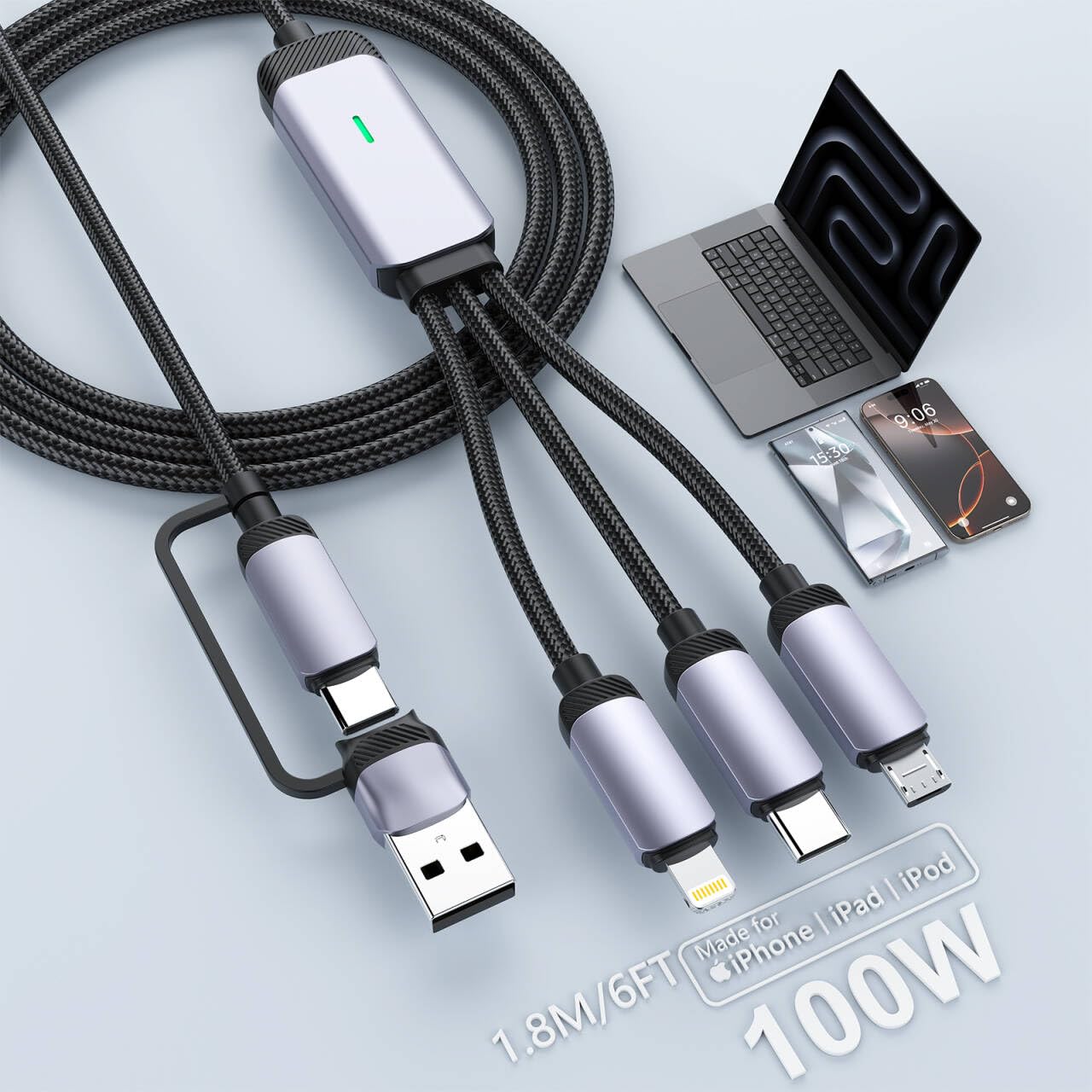 

Зарядка 100 Вт PD 100 Вт Кабель для быстрой зарядки с и USB Питает 3 устройства Светодиодная индикация передачи данных и отключения Прочный нейлон Совместим с зарядкой iPhone 15
