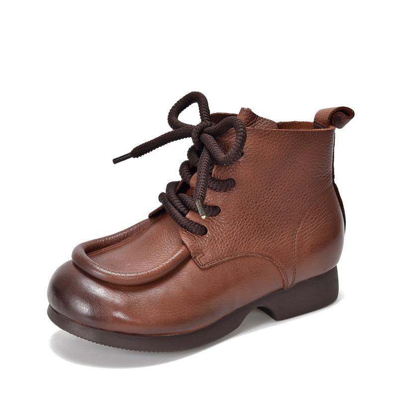 Johnature Vintage Cowhide Handmade Short Boots Genuine Leather Lace Up Round Toe Soft Soled Boots Women's Shoes