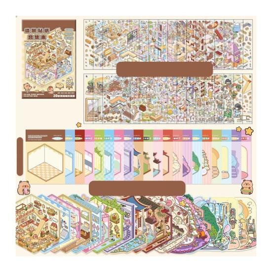 3D Scene Sticker Book Set for Kids Adults DIY Mini House Stickers Kit Reusable Kawaii Stickers for Home School Office