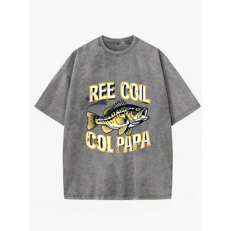 

European sizes Men s T-Shirt, Vintage Distressed Bass Fish & Reel Coil Col Papa Typography Graphic Print - Outdoor Activity, Crew Neck Short Sleeve S серый