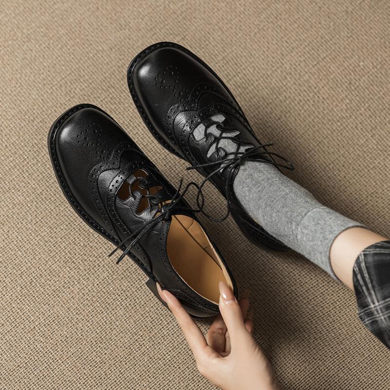 Fashion NEW Autumn/Spring Women Pumps Genuine Leather Shoes for Women Square Toe Chunky Heel Shoes Lace-up Hollow Brogues Daily Shoes