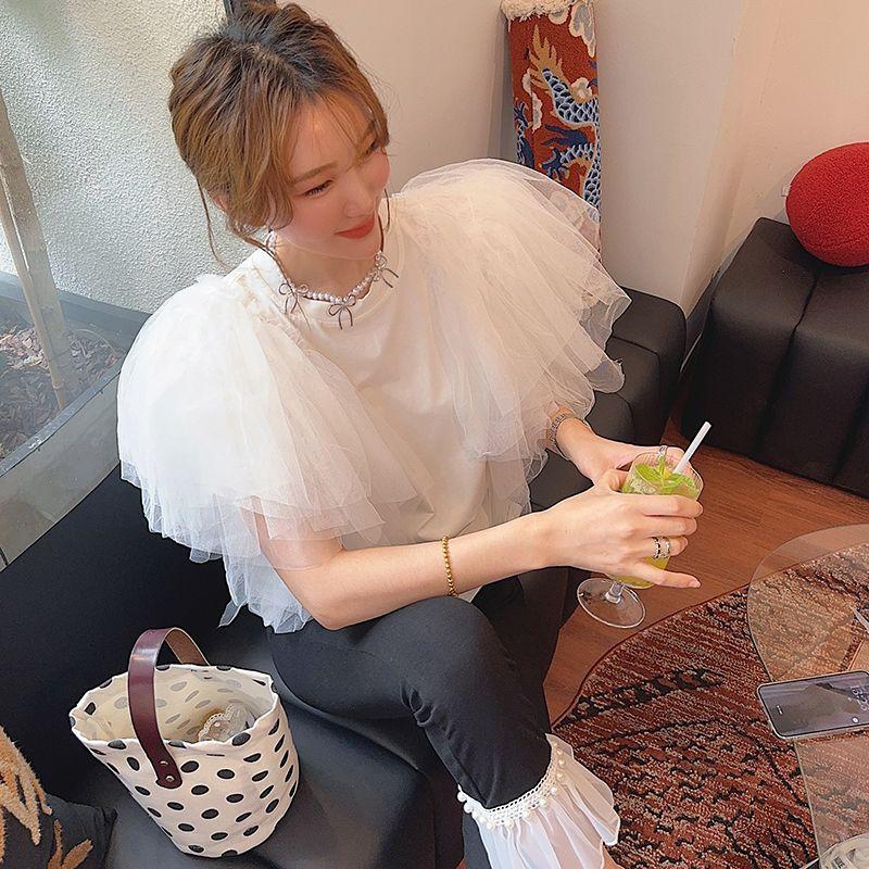 

Niche Style K-style Flying Sleeves Elegant Lace Shirt Mesh White S