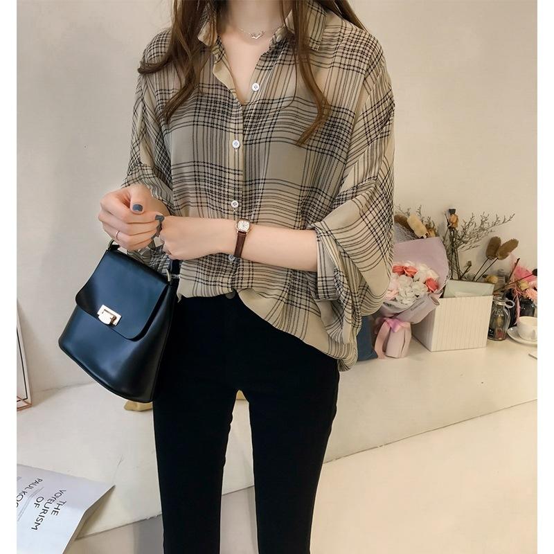Early Autumn New Plus Size Checkered Shirt Women's Long Sleeved Hong Kong Style Top Chic Shirt