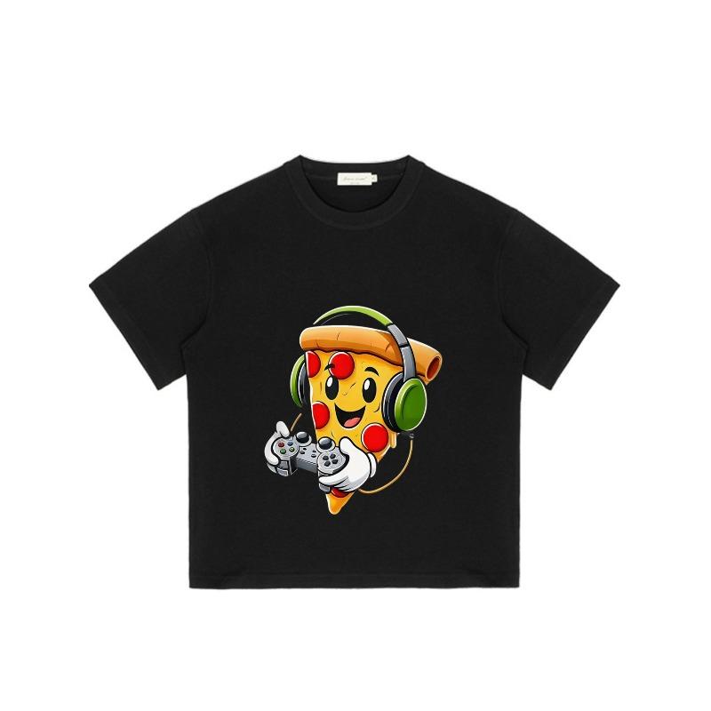 Casual T Shirt Black Pizza Gamer With Headphones And Controller Graphic For Gaming And Everyday Wear