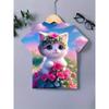 Modny T-shirt z krótkim rękawem z grafiką 3D kotka dla dziewczynek na lato, sportowy, modny, urocze topy z kotem, odzież