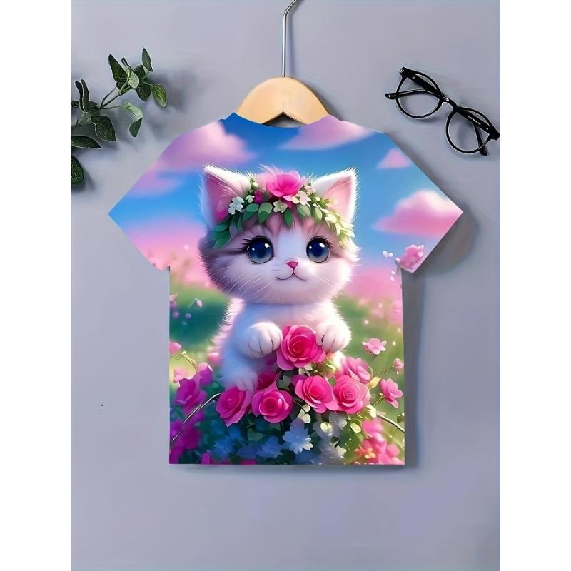 Modny T-shirt z krótkim rękawem z grafiką 3D kotka dla dziewczynek na lato, sportowy, modny, urocze topy z kotem, odzież