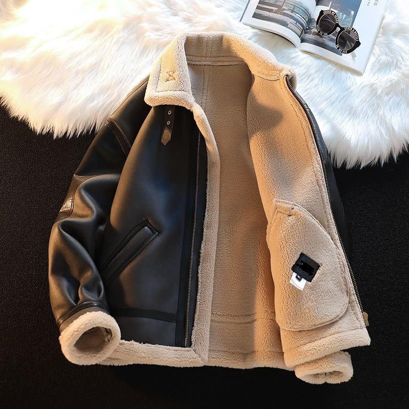 Unisex Retro Lambswool Motorcycle Jacket - Thickened Velvet Leather for Autumn & Winter