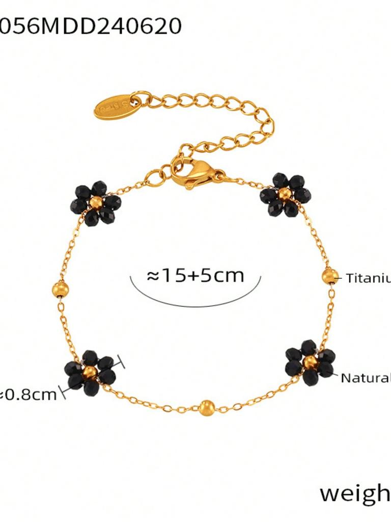 1 Set Vintage British Style Stainless Steel Zircon Set with Natural Stone Beads and Flower Decoration, Women's Zircon Gift