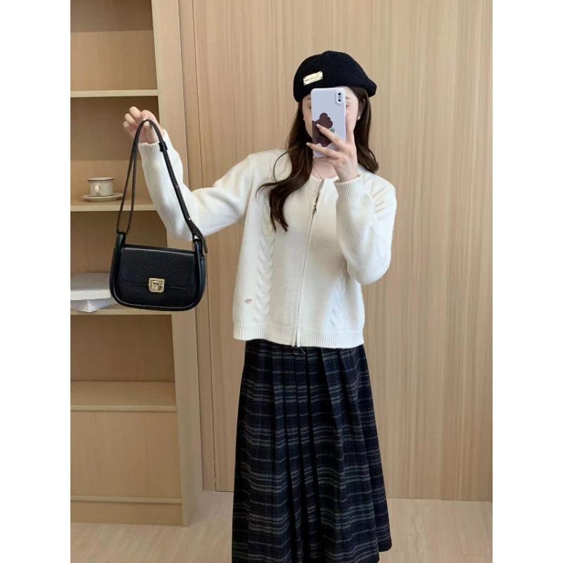 Simple style design double zipper twist sweater jacket women's autumn and winter new versatile thick knitted cardigan women