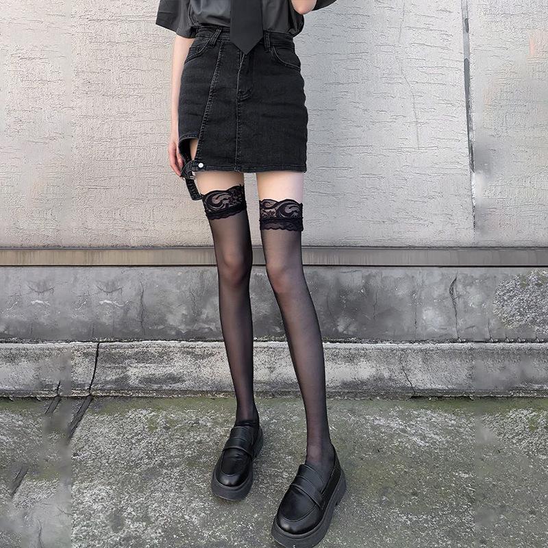 Black Lace Bow Garter Stockings - Over-the-Knee Fishnet for Women