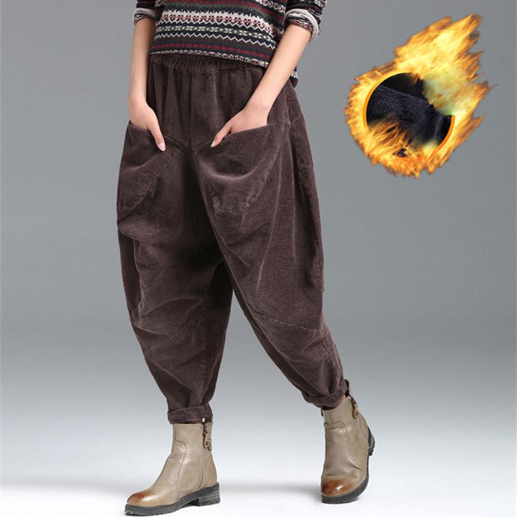 

Осенние и зимние шаровары женские теплые бархатные шаровары панталоны повседневные с высокой талией толстые брюки длиной до щиколотки винтажные L кофейный