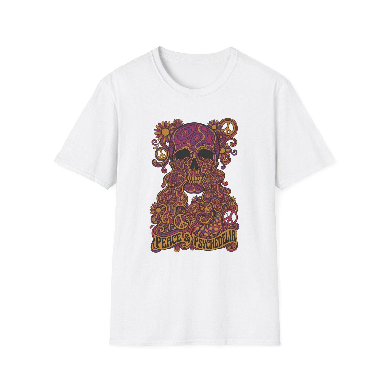 Psychedelic Floral Skull T-Shirt | Peace & Hippie Bohemian Skeleton Graphic Tee | Festival Gift S