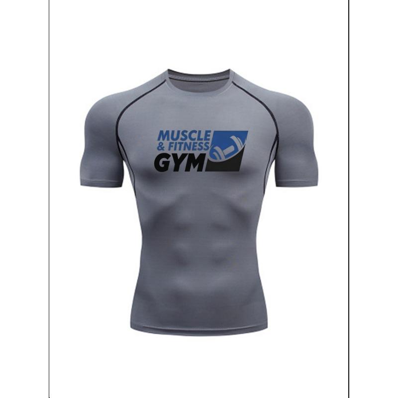 Men S Grey Muscle & Fitness Gym Print Compression T-Shirt, Quick Dry Short Sleeve Gym Workout Tee, Muscle Fit Athletic Training Top for Men S