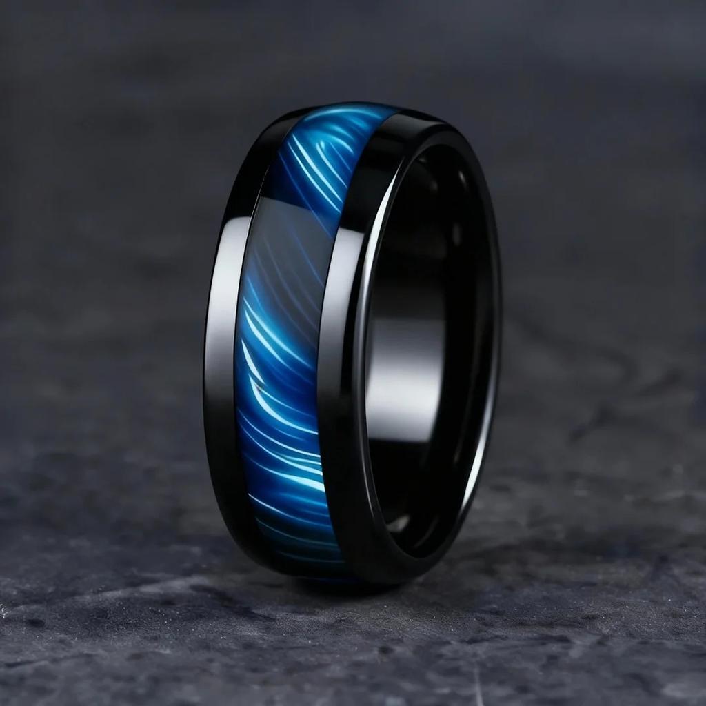 Blaue Abalone-Muschel-Einlagenringe für Herren, 8 mm Schwarze Gebürstete Edelstahlringe für Herren, Ehering Schmuck Geschenk