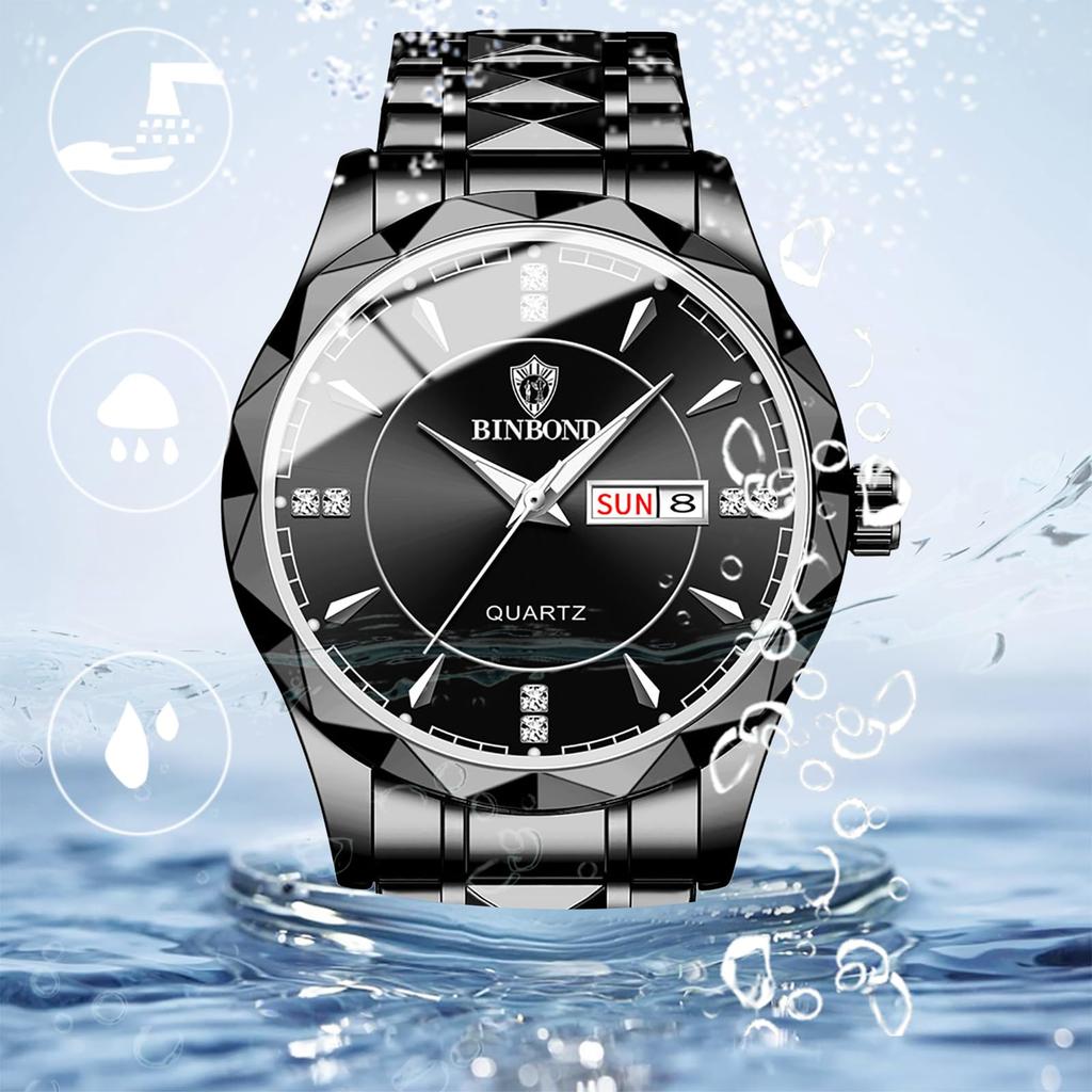 Uhr mit 3 ATM Wasserdichtigkeit, Leuchtzeigern, Analog, Edelstahl, Stilvoll, Quarz, Modeaccessoire, Perfektes Geschenk für oder Liebhaber, Herren, Kalender, Wasserdichtigkeit, Schwarzes Zifferblatt,