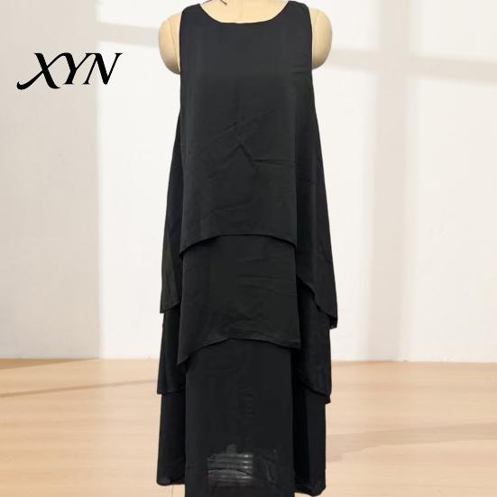 Fat Hiding Loose Dress Women's Flowy Chiffon Dress, Sleeveless Crew Neck Asymmetrical Hem Plus Size Women Long Summer Layered Cocktail Wedding