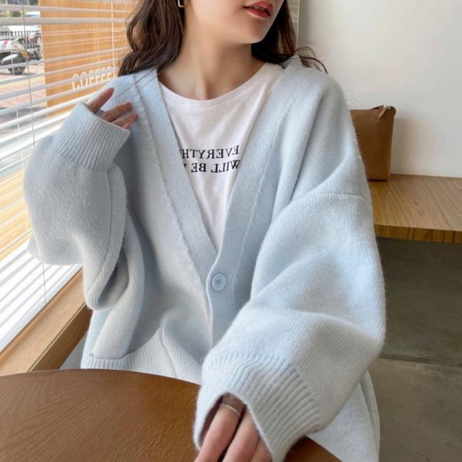 Autumn and Winter Women's Sweater Solid Color Lazy Wind Loose Knit Long-sleeved Cardigan Jacket
