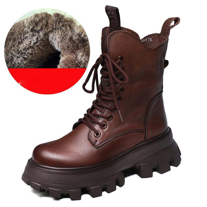 Women Genuine Leather Short Boots Round Toe Motorcycle Boots Handmade Retro Street Style Winter Warm Fur Women Flats Ankle Boots