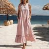 Sommer Gestreiftes Maxikleid für Damen Rundhalsausschnitt Ärmellos Rüschen A-Linie Schwingendes Kleid Strand Freizeit Fließendes Sommerkleid mit Taschen