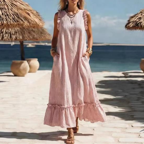Sommer Gestreiftes Maxikleid für Damen Rundhalsausschnitt Ärmellos Rüschen A-Linie Schwingendes Kleid Strand Freizeit Fließendes Sommerkleid mit Taschen