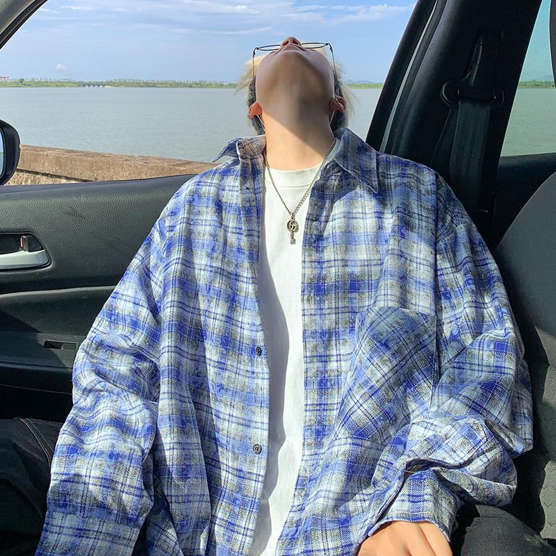 

Рубашка с длинными рукавами в японском стиле в стиле ретро Pu Shuai Design Sense Niche, мужское осеннее потертое пальто с узором «тай-дай» 3XL синий