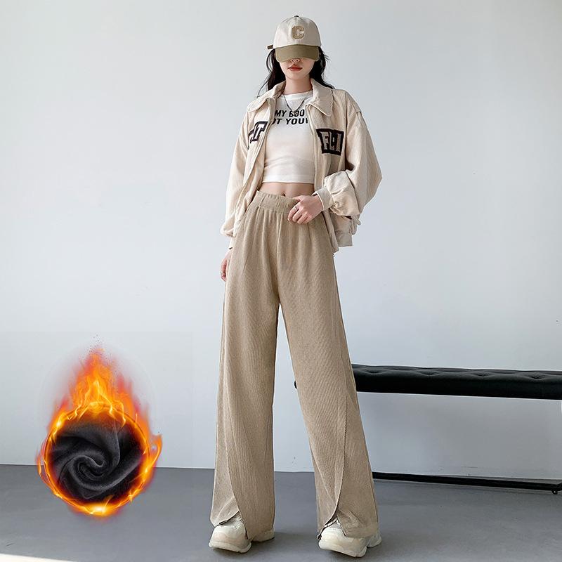 

Брюки палаццо из плюша 700 г на осень и зиму, теплые и повседневные, новый стиль, свободные, с трехмерной окантовкой, с разрезом, с высокой талией, спортивные XL