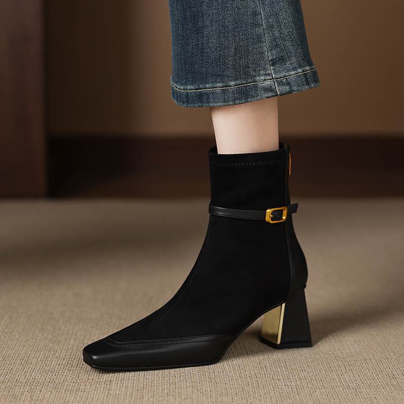 Krazing Pot Flock Cow Skin Square Toe Thick Heels Chelsea Boots Size 42 Beauty Lady Women Modern Fashion Girl Ankle Boots