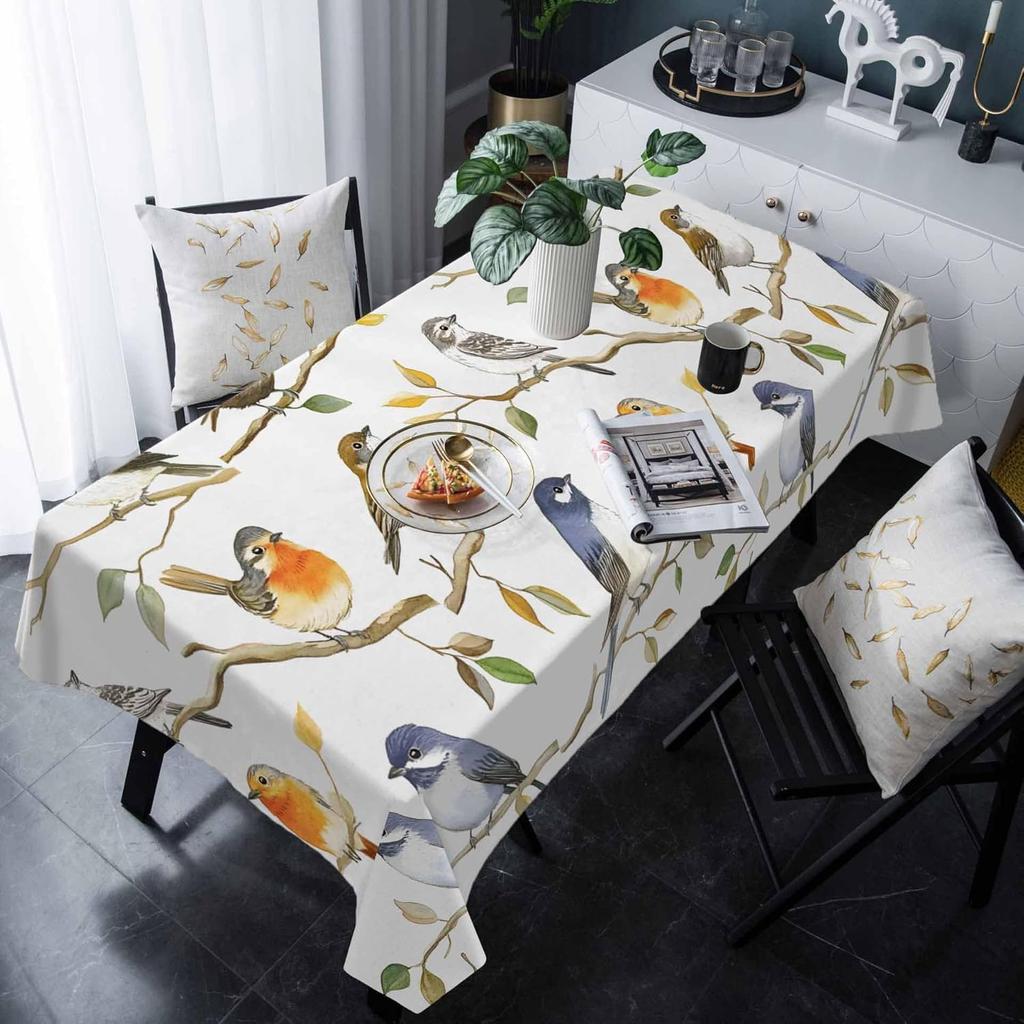 Colorful Birds Rectangle Tablecloth Wedding Party Decor Watercolor Leaf Branch Painting Table Cloths Kitchen Dining Table Decor