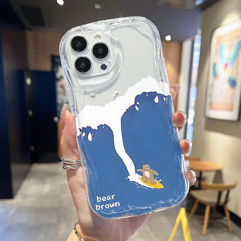 

Кремовый волнистый изогнутый силиконовый глянцевый мягкий чехол с милым медведем для серфинга и принтом в виде ракушки, задняя крышка мобильного телефона для iPhone, Samsung, Xiaomi Xiaomi Poco C65 чистый