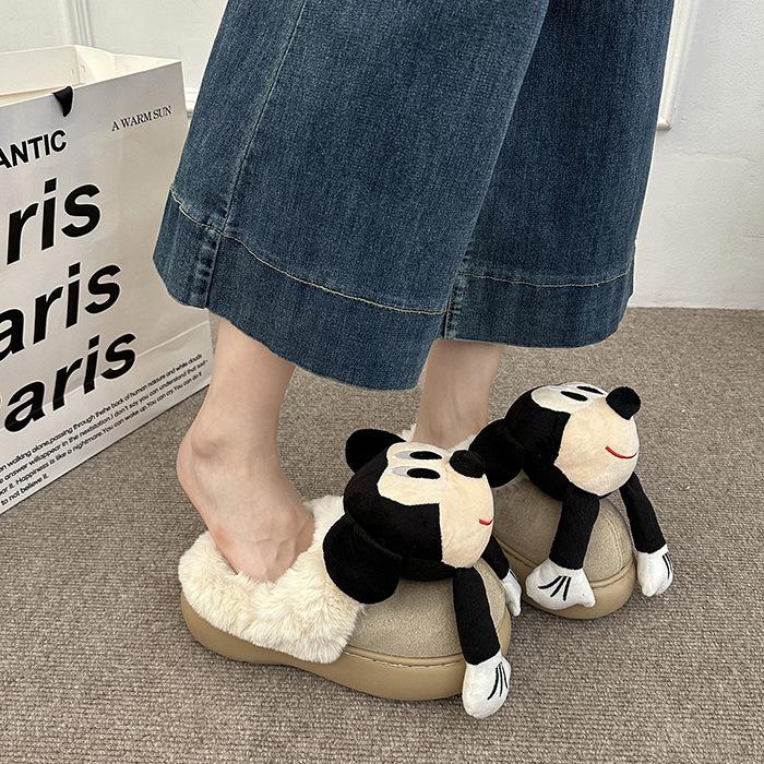Fashion cartoon three-dimensional Mickey fluffy slippers women's 2025 autumn and winter new outer wear warm half-towed cotton slippers