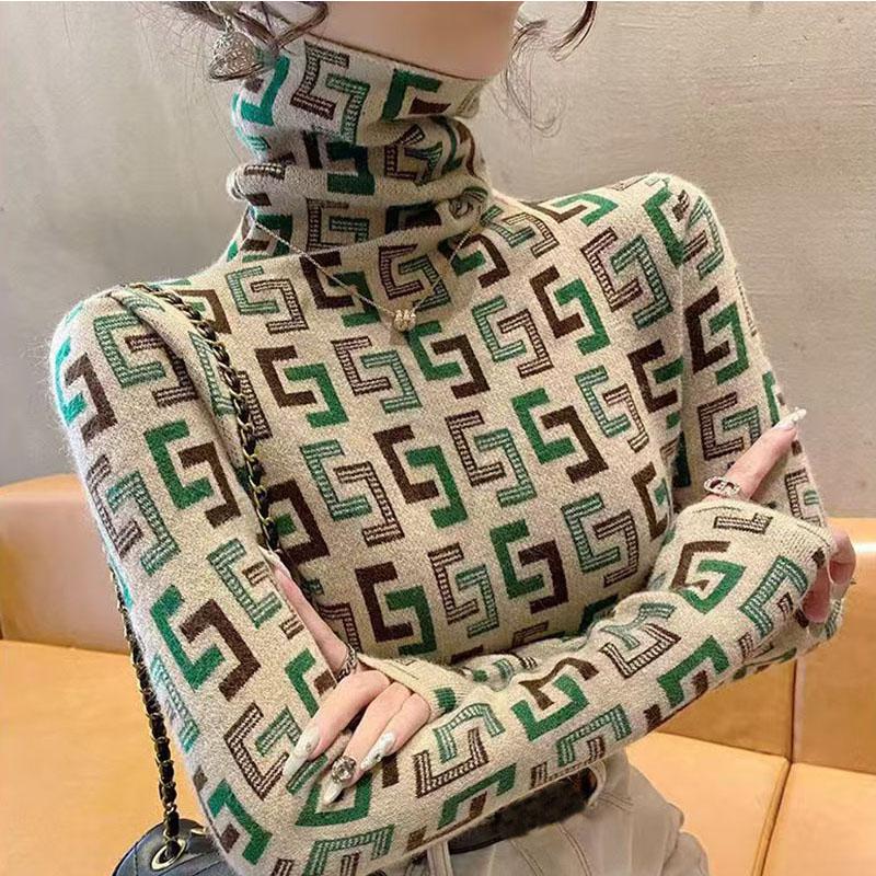 

Базовая рубашка с высоким воротом для женщин, осень и зима, новый пуловер с принтом, облегающий крой, тонкая и теплая футболка, внутренний топ one size зелёный