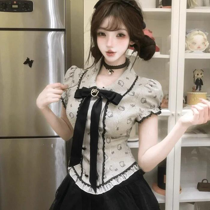 Japanese Sweet College Bow Short Sleeve Waist Shirt Top Women's High Waist Fluffy Cake Skirt Two-piece Set