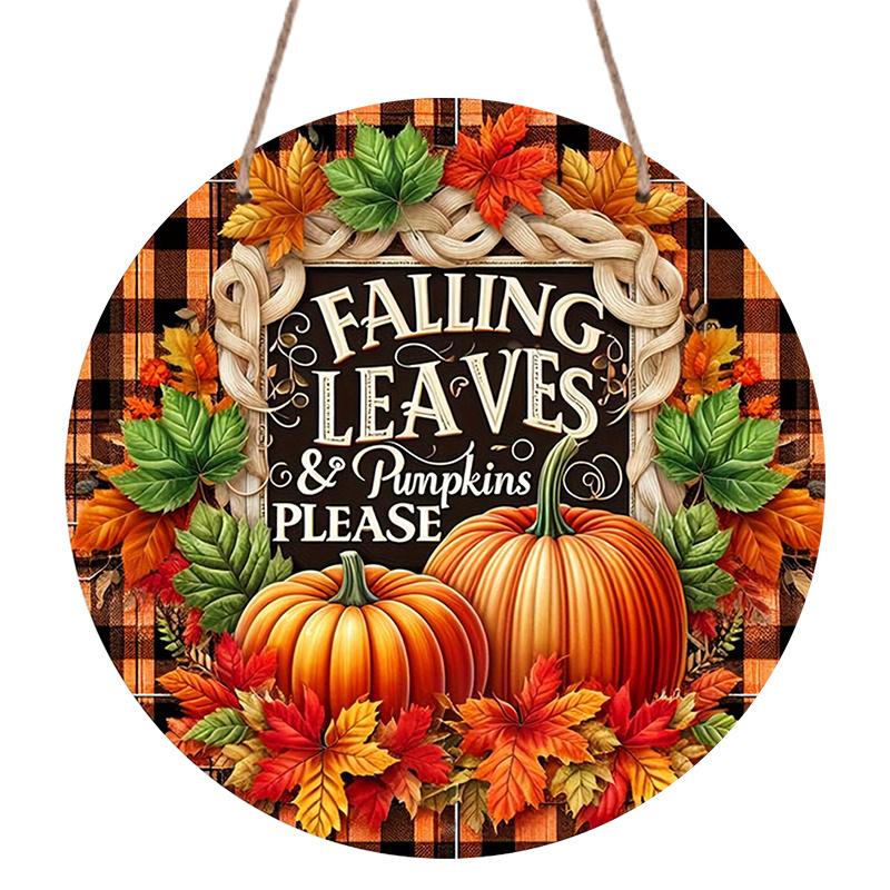 2D Flat, 1pc Round Aluminum Festive Fall Leaves & Pumpkins Wall Sign, Vintage Aluminium Decor for Home, Kitchen, Office, Garden, Garage, Christmas