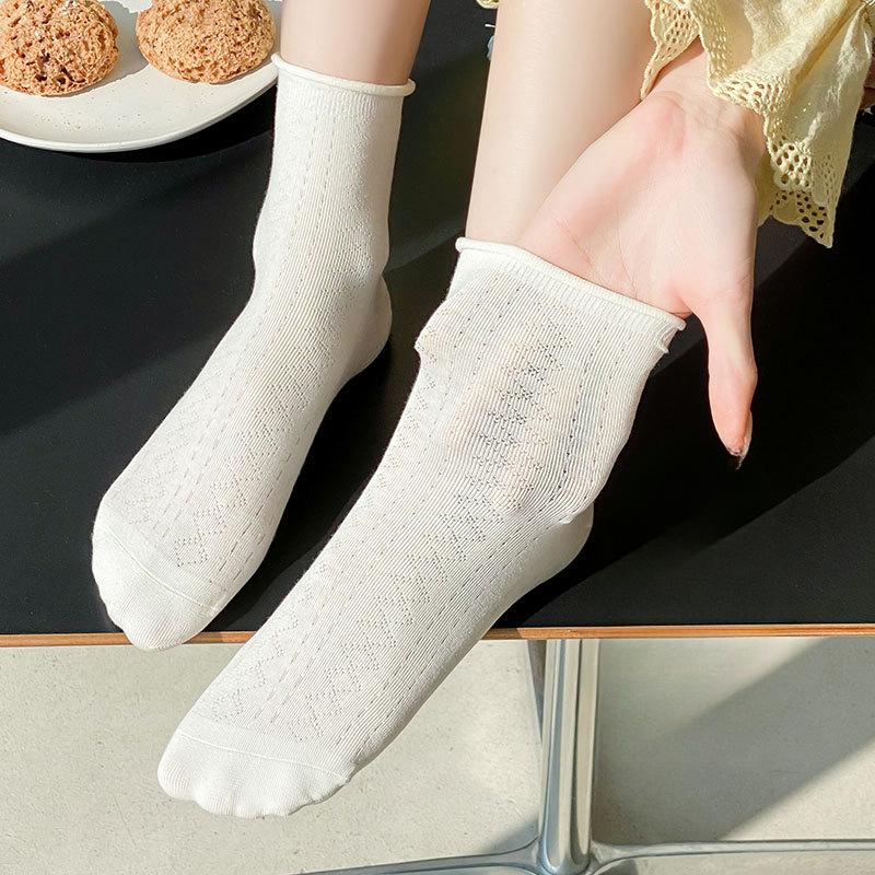 Chaussettes mi-mollet pour femmes, Chaussettes d'été fines à revers, Chaussettes en coton respirant, Bas amples polyvalents, Style scolaire