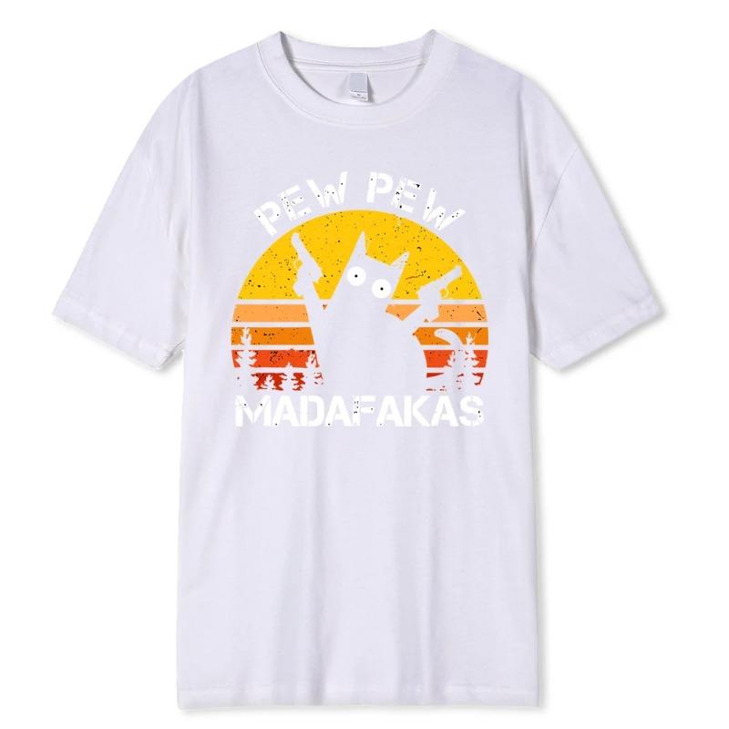 Pew Pew Madafakas Cat with Two Guns Print Men's Fashion Loose T-Shirt Summer Cotton Breathable Men's Clothes Street T-Shirt